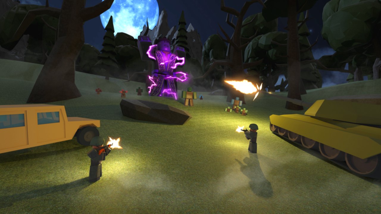 Players, a tank, and a Humvee fighting the purple King Zombie in a forest clearing